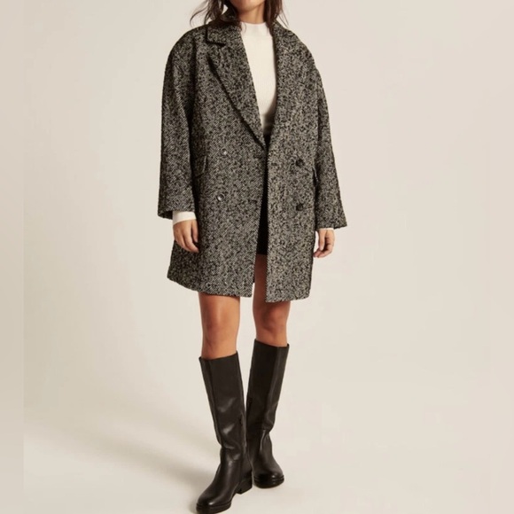 Abercrombie & Fitch Wool Texture Blend Black Herringbone Sz S Dad Coat Oversize - Picture 1 of 14